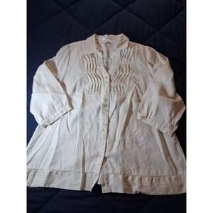 Susan Bristol Woman 100% Linen Blouse 2X Cream Pintuck Lace Button Front Top